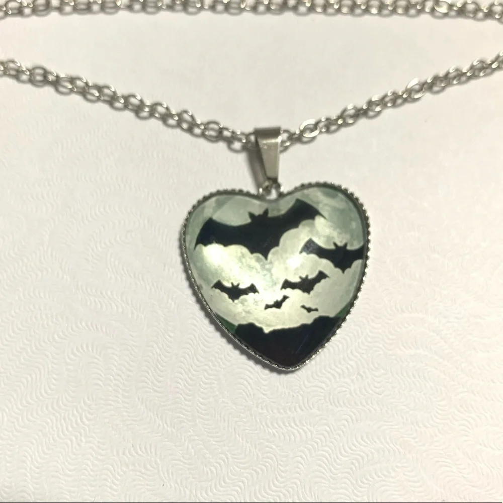Dome Shape Heart Silver & Black Bat Necklace – Gothic Moon Glass Pendant